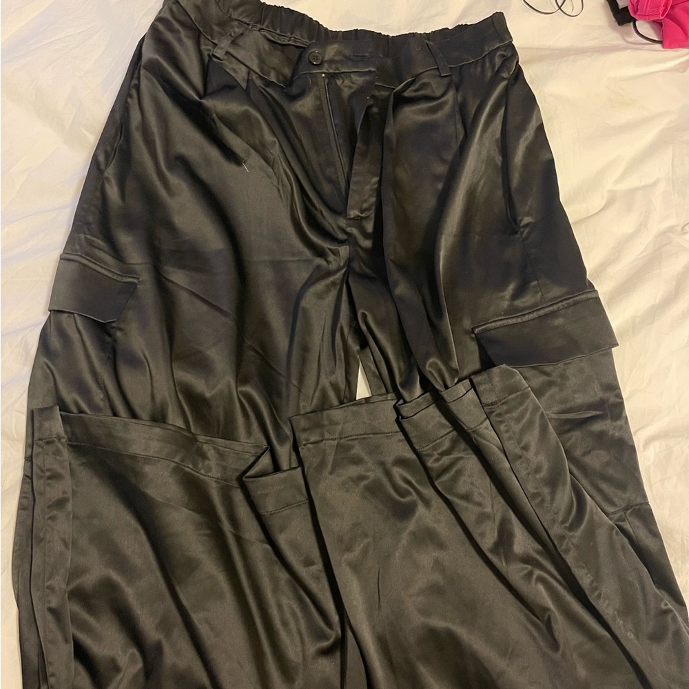 Black Satin Cargo Pants